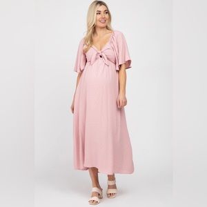 Mauve Textured Dot Front Tie Ruffle Sleeve Maternity Midi Dress size M